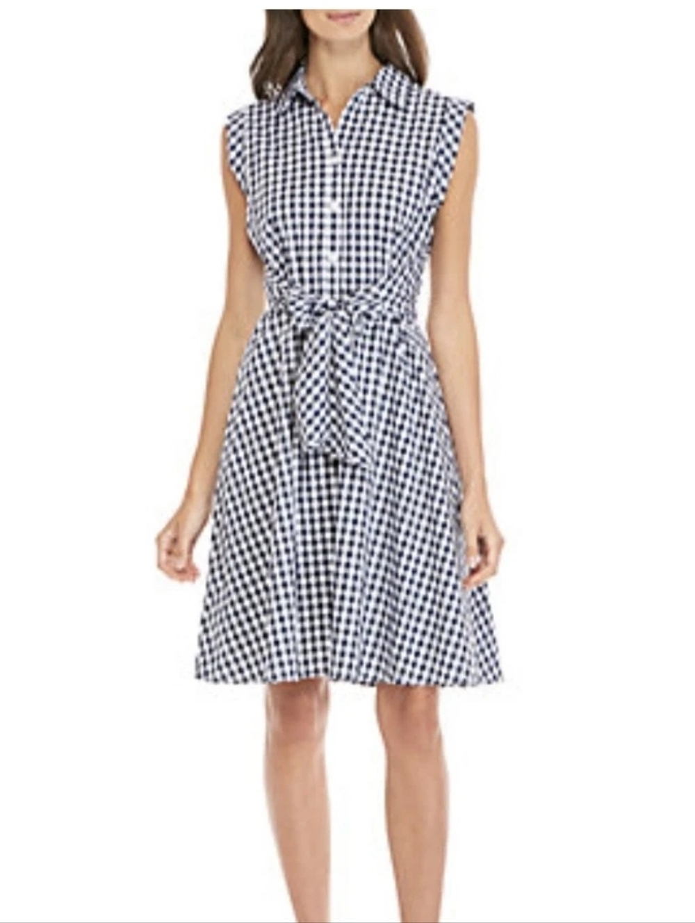 Cupio Navy and White Gingham Midi Shirt Dress with Tie Waist S